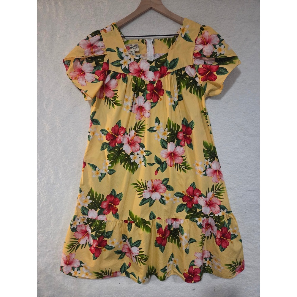 Hilo‎ Hattie Yellow Hibiscus Floral Muumuu Hawaiian Dress Hawaii Made L Tropical